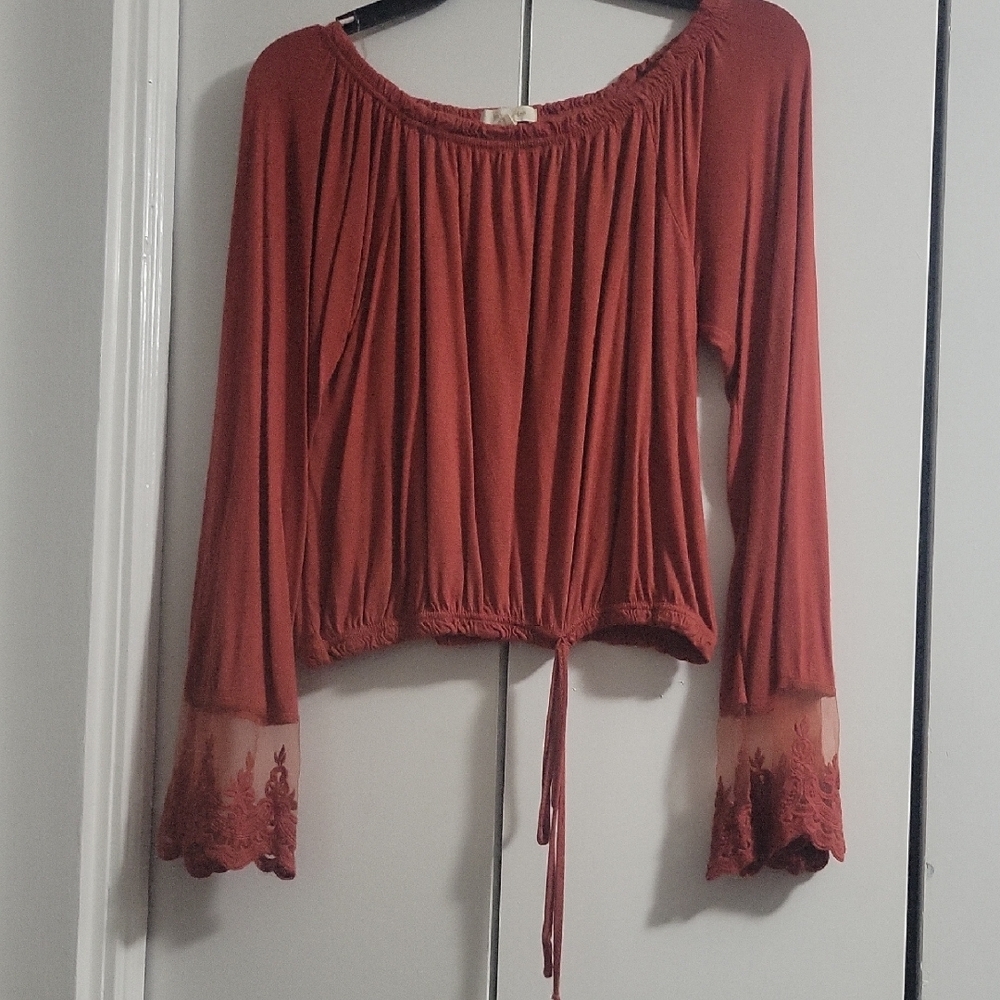 Red Bell Sleeve Crop Blouse with Tie Front